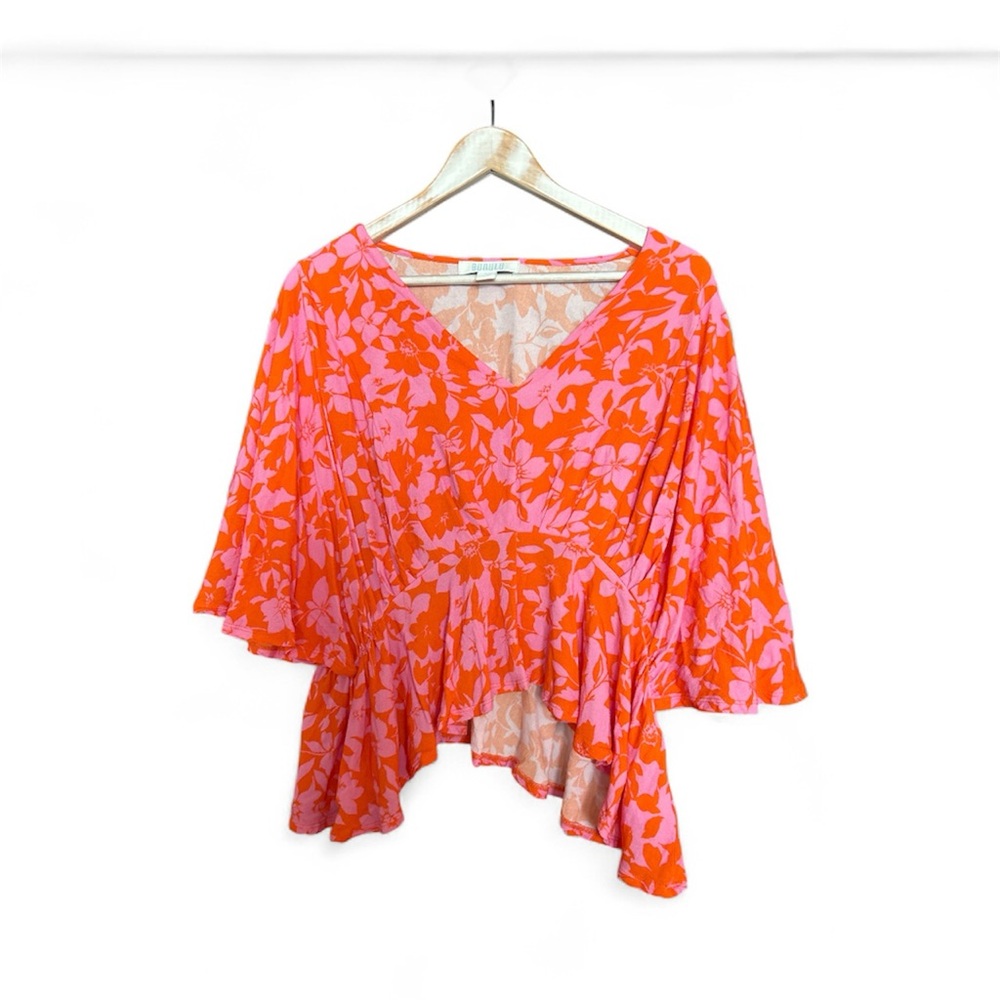 Vibrant Orange Floral V-Neck Tunic Large EUC